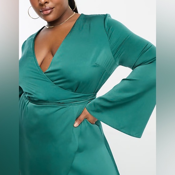 ASOS Curve Teal Satin Wrap Dress - Picture 4 of 6